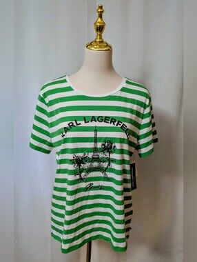 Karl Lagerfeld Paris Green & White Striped Tee NWT